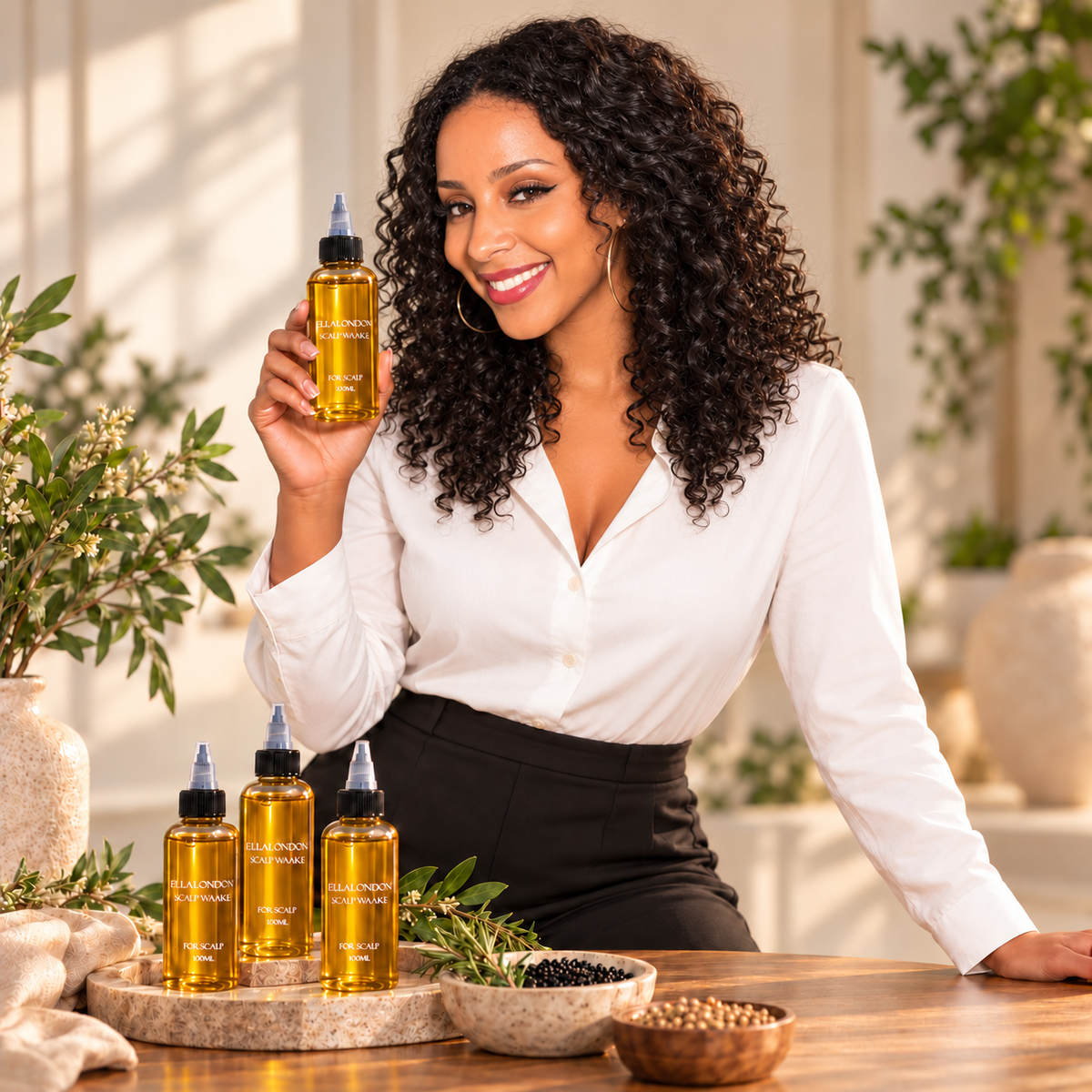 Ella in a white blouse and black skirt holds up a bottle of golden hair oil, with three more bottles displayed on a wooden table in front of her. The setting is a bright, sunlit room with plants and neutral decor.