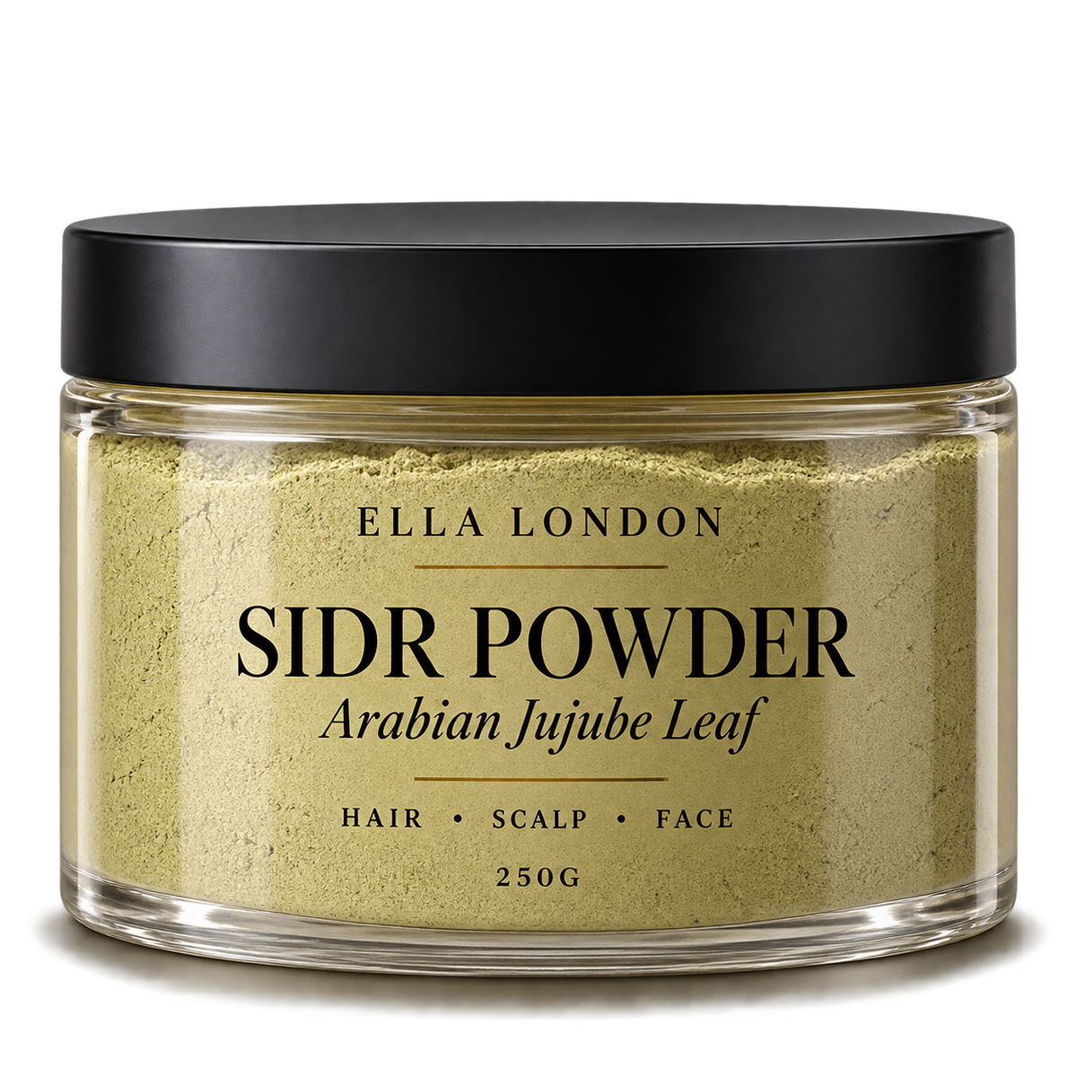 A clear jar filled with light olive-green powder, sealed with a black lid, and labeled 'ELLA LONDON SIDR POWDER Arabian Jujube Leaf' on a clean white background.