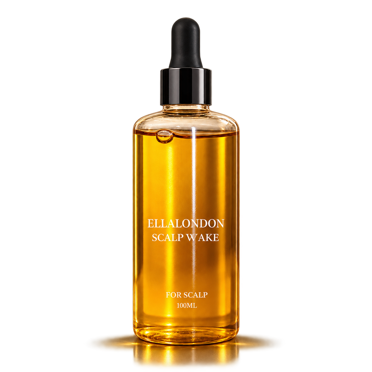 A 100ml bottle of ELLALONDON SCALP WAKE hair scalp serum, filled with golden amber liquid, set against a solid white background with a soft reflection below.
